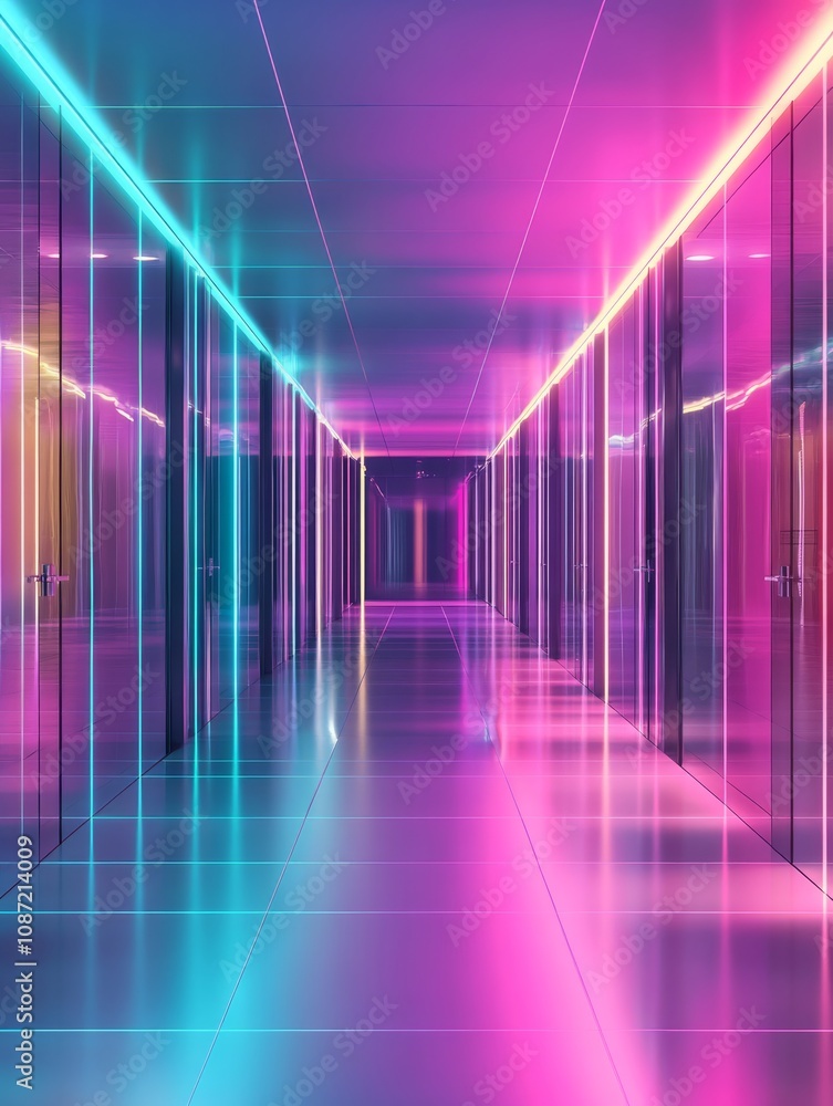 An enchanting illustration that highlights a mesmerizing luminous corridor adorned with brilliant neon lights in captivating shades of pink and blue, artfully creating a stunning digital art spectrum An enchanting illustration that highlights a mesmerizing luminous corridor adorned with brilliant neon lights in captivating shades of pink and blue, artfully creating a stunning digital art spectrum