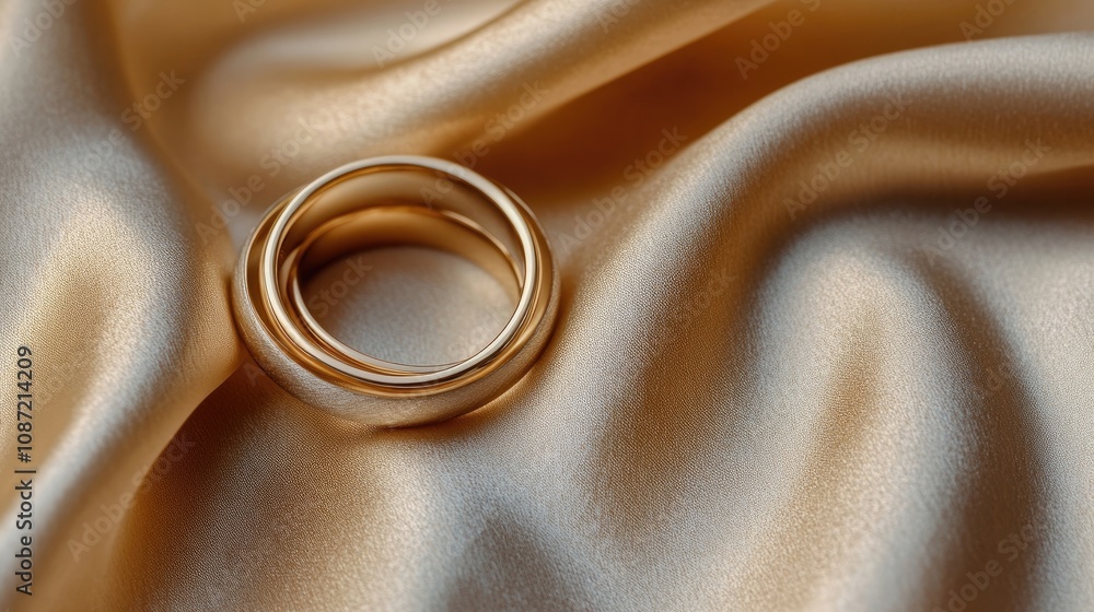 Two gold wedding rings rest elegantly in the soft folds of the sofa, embodying the essence of love and commitment. This image captures the beauty of gold wedding rings with ample copy space. Two gold wedding rings rest elegantly in the soft folds of the sofa, embodying the essence of love and commitment. This image captures the beauty of gold wedding rings with ample copy space.