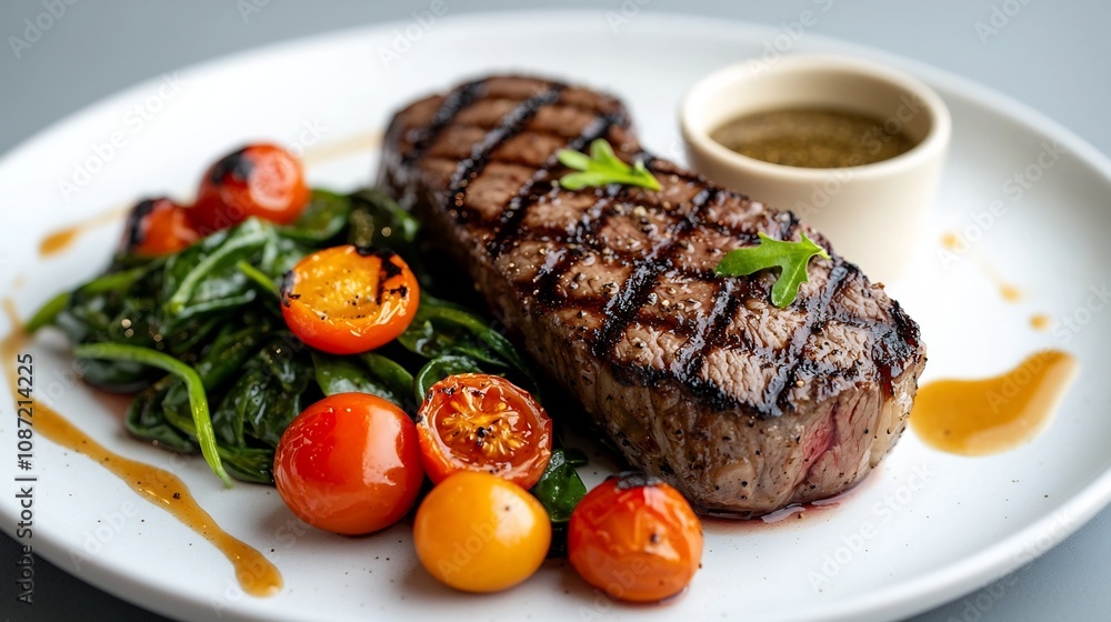 Beautifully Plated Gourmet Steak Dish with Char Grilled Texture Sauted Spinach Roasted Cherry Tomatoes and a Peppercorn Sauce Accompaniment Beautifully Plated Gourmet Steak Dish with Char Grilled Texture Sauted Spinach Roasted Cherry Tomatoes and a Peppercorn Sauce Accompaniment