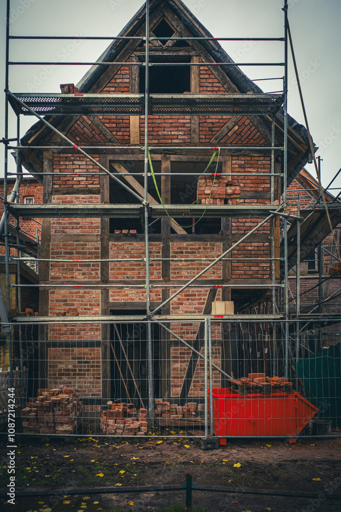 An old German half-timbered house is restored