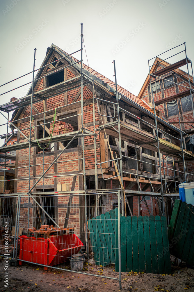 An old German half-timbered house is restored