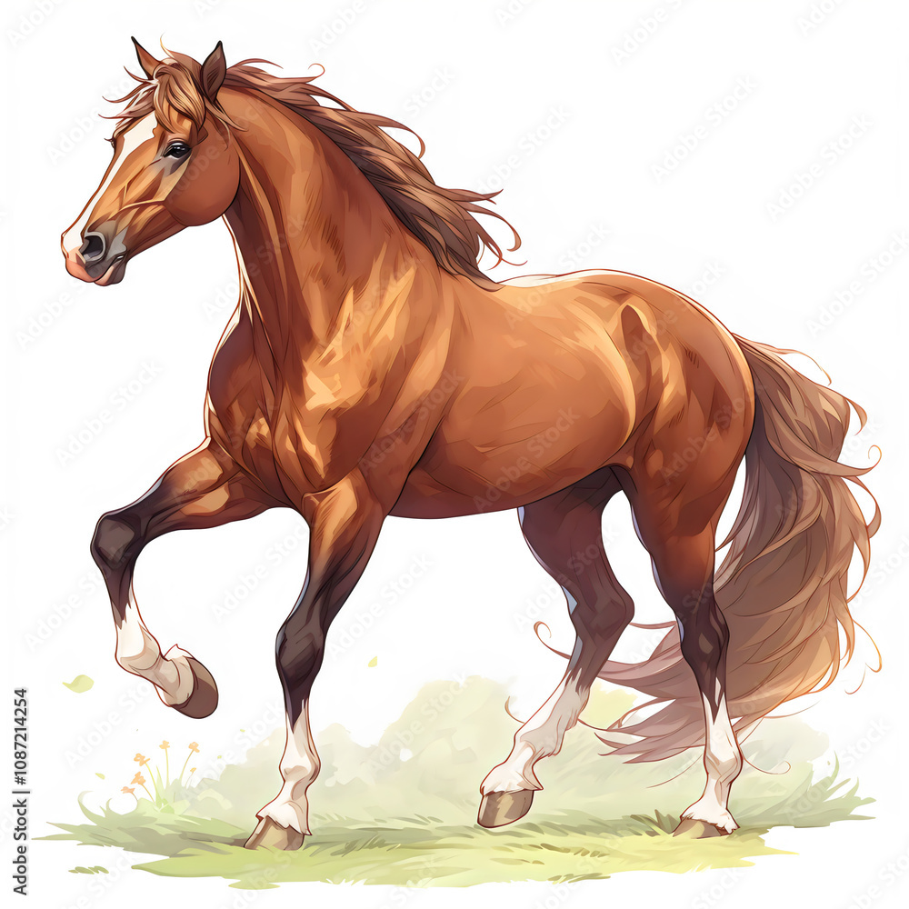 Obraz premium AI Generate of Cartoon brown horse standing and running on savannah isolated by white background