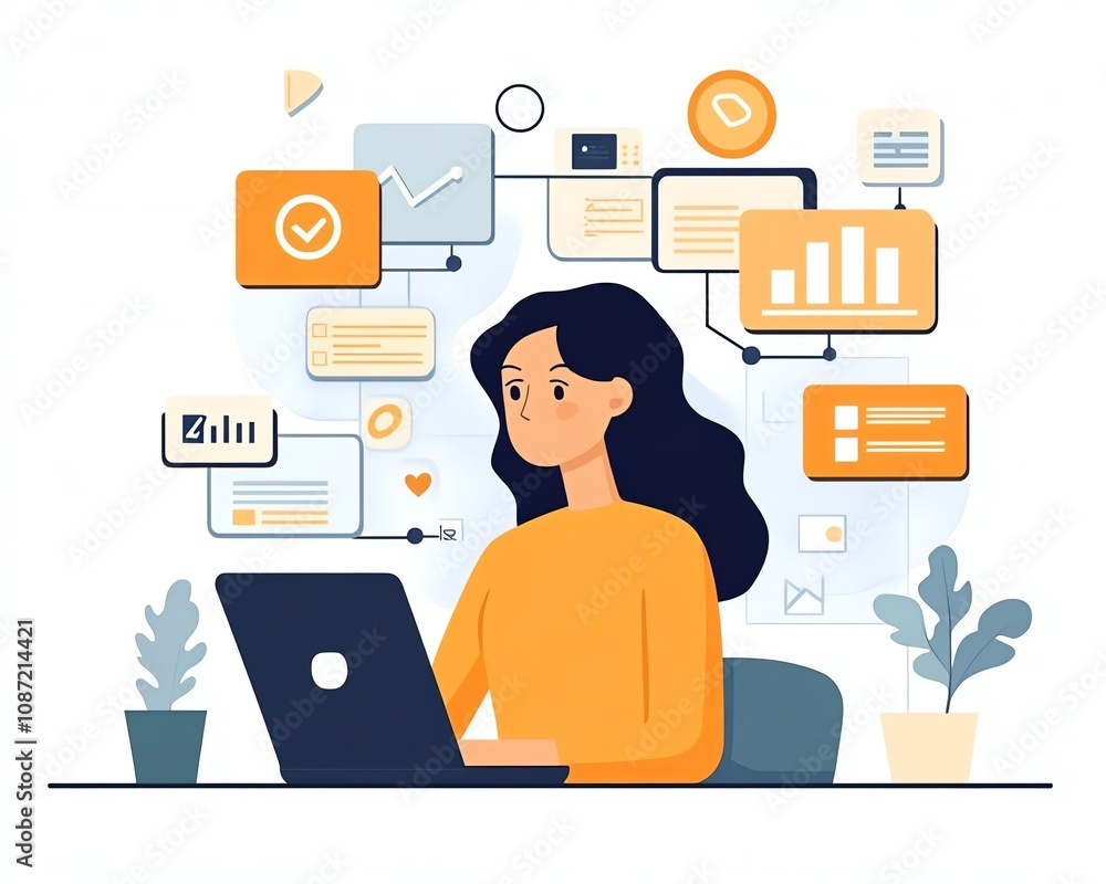 Person working on a laptop to create digital documents, various icons for text, images, and data points appearing above, generative AIdriven document management Person working on a laptop to create digital documents, various icons for text, images, and data points appearing above, generative AIdriven document management