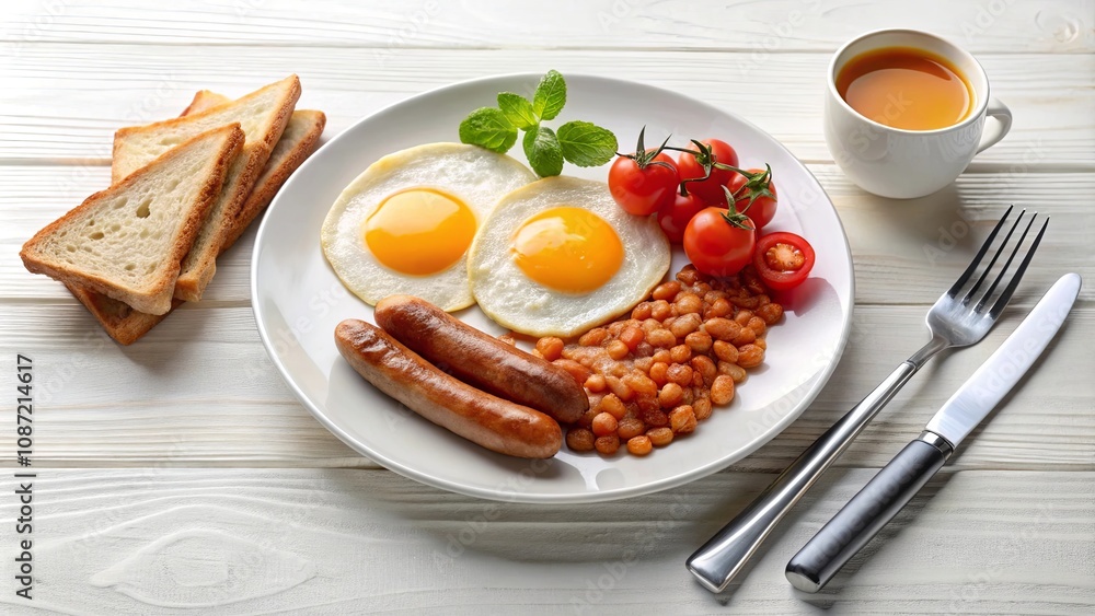 A hearty and delicious breakfast plate featuring fried eggs, grilled sausages, baked beans, toast, and cherry tomatoes, all served with a refreshing beverage. A hearty and delicious breakfast plate featuring fried eggs, grilled sausages, baked beans, toast, and cherry tomatoes, all served with a refreshing beverage.