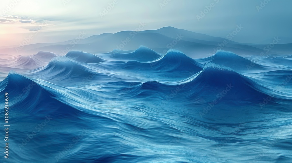Waves gently rolling in the blue ocean under a soft morning light with distant mountains on the horizon Waves gently rolling in the blue ocean under a soft morning light with distant mountains on the horizon