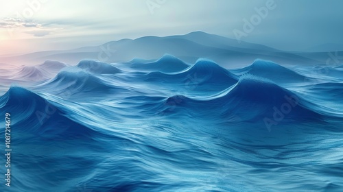 Waves gently rolling in the blue ocean under a soft morning light with distant mountains on the horizon