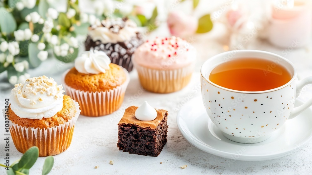 Assortment of Homemade Pastries and Warm Tea on Caf Table with Floral Accents Assortment of Homemade Pastries and Warm Tea on Caf Table with Floral Accents
