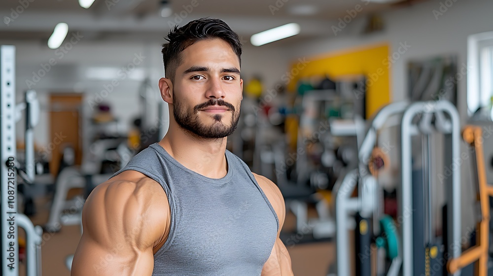 The portrait is a high definition digital image capturing a handsome, muscular man standing confidently in the background of a modern sport gym The portrait is a high definition digital image capturing a handsome, muscular man standing confidently in the background of a modern sport gym