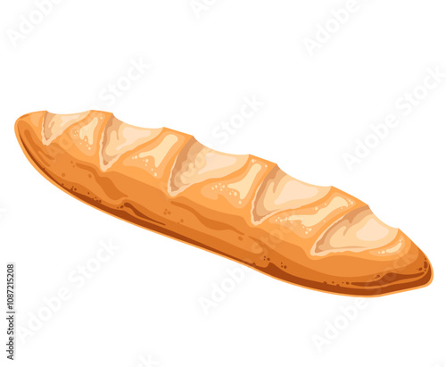 French cartoon baguette with golden crispy crust. Baked fresh loaf of bakery in France, crisp breakfast bread for sandwich. French cuisine mascot, cartoon gourmet long baguette vector illustration