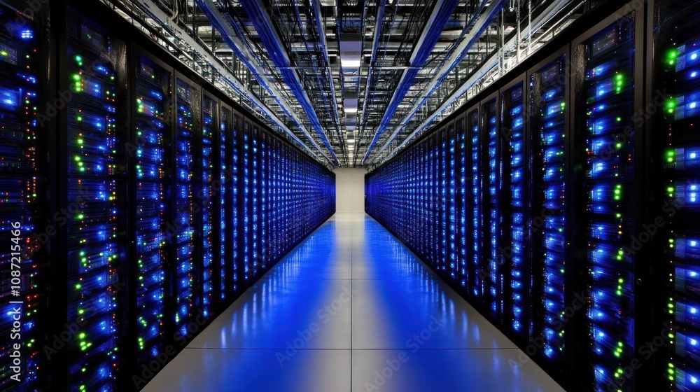 A high-tech data center featuring rows of servers with illuminated components. A high-tech data center featuring rows of servers with illuminated components.