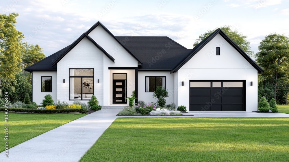 Modern single-family house with a landscaped front yard. Modern single-family house with a landscaped front yard.