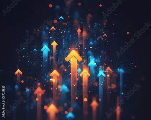 Abstract generative AI background with colorful orange and blue arrows pointing up, symbolizing growth and positive business trend photo