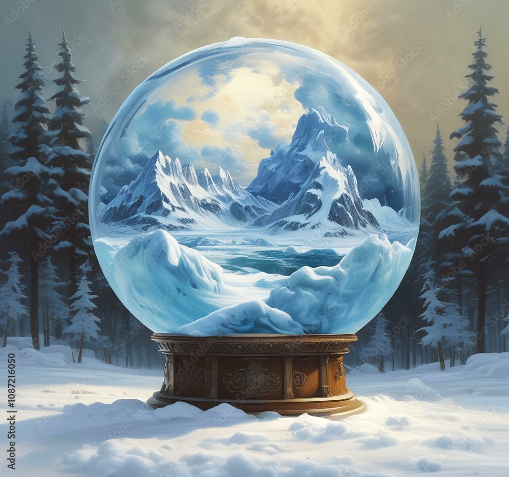 Illustration of winter landscape in frozen earth globe.