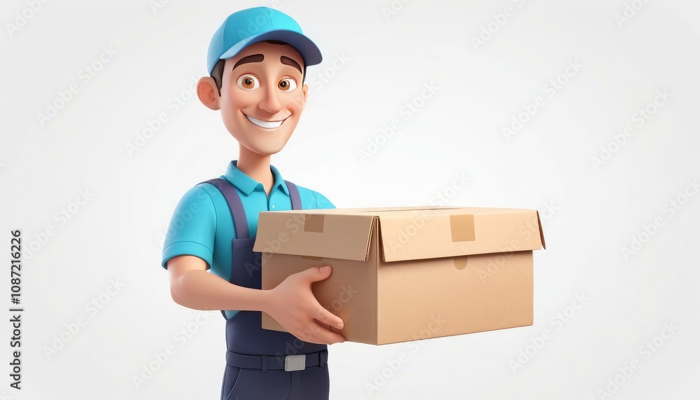 A smiling cartoon delivery person holding a box, illustrating the friendly service of package delivery A smiling cartoon delivery person holding a box, illustrating the friendly service of package delivery