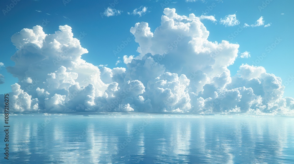 Serene blue sky with fluffy white clouds reflecting on calm ocean waters during clear sunny day Serene blue sky with fluffy white clouds reflecting on calm ocean waters during clear sunny day