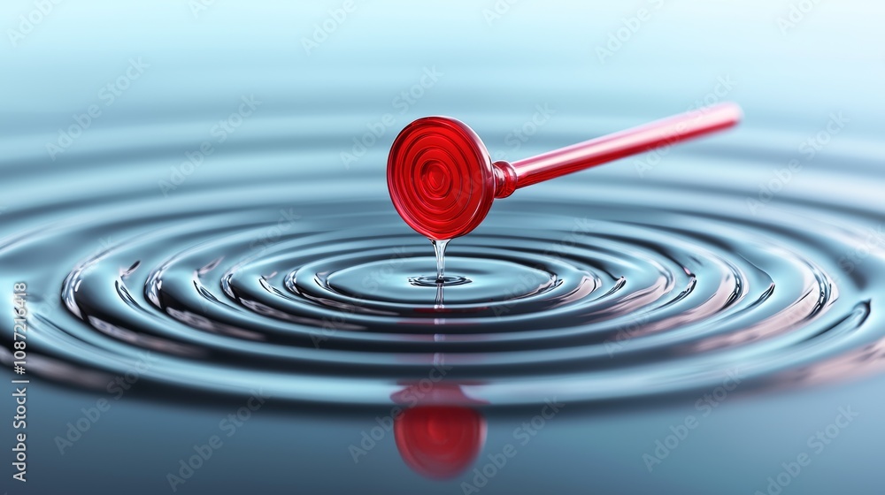 A red object creates ripples in calm water, illustrating the effects of a disturbance on a serene surface. A red object creates ripples in calm water, illustrating the effects of a disturbance on a serene surface.