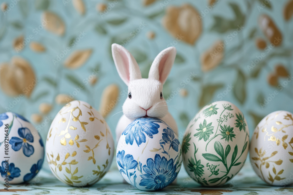 A white bunny among floral patterned Easter eggs, set against a vintage blue-green background with gold accents. A white bunny among floral patterned Easter eggs, set against a vintage blue-green background with gold accents.