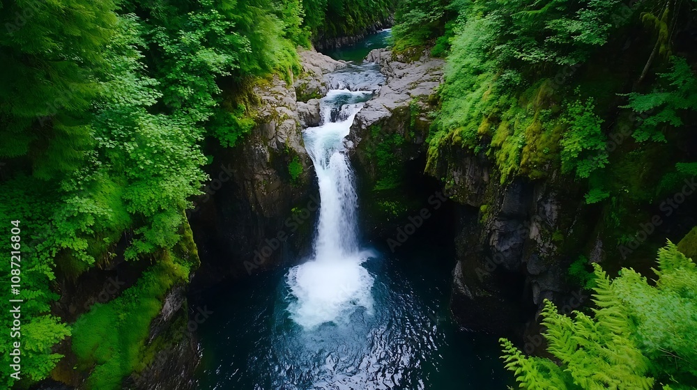 Cascading Waterfall Surrounded by Lush Ferns and Moss in Serene Forest Landscape Cascading Waterfall Surrounded by Lush Ferns and Moss in Serene Forest Landscape