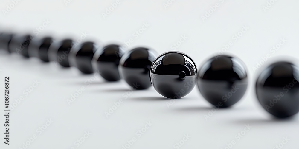 A string of shiny black beads is positioned on a pristine white surface, highlighting the contrast between the glossy black and the clean white backdrop. A string of shiny black beads is positioned on a pristine white surface, highlighting the contrast between the glossy black and the clean white backdrop.