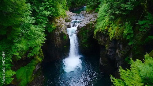 Cascading Waterfall Surrounded by Lush Ferns and Moss in Serene Forest Landscape