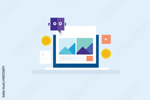 Generative AI, Artificial intelligence generating Video, image and text content. AI content, prompt generating content. Vector illustration.