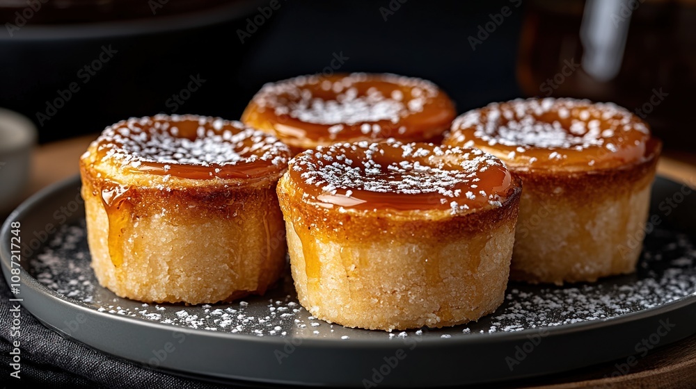 Four small cakes with powdered sugar on top Four small cakes with powdered sugar on top