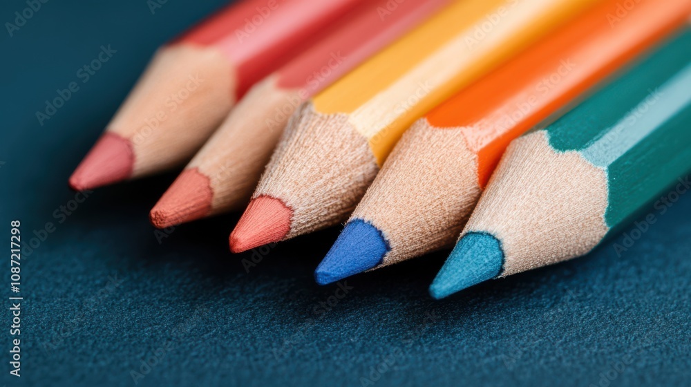 A close-up of colorful, sharpened pencil tips arranged in a neat row, set on a rich blue textured surface. A close-up of colorful, sharpened pencil tips arranged in a neat row, set on a rich blue textured surface.