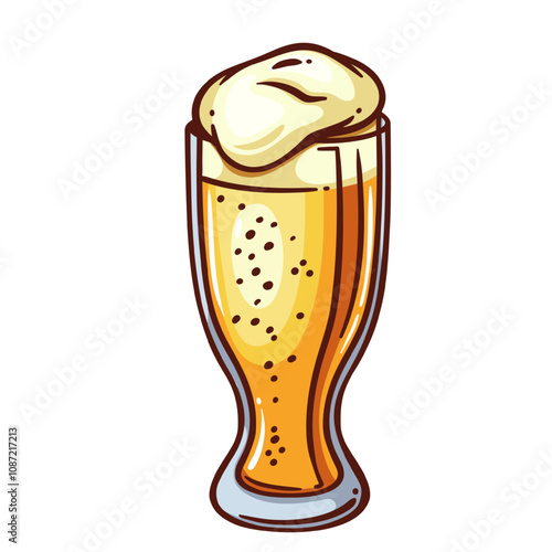 Tall glass of beer with foam and bubbles line icon. Outline hand drawn vintage cup of pub full of cold beer with froth, element of Oktoberfest festival. Bar menu mascot, color icon vector illustration