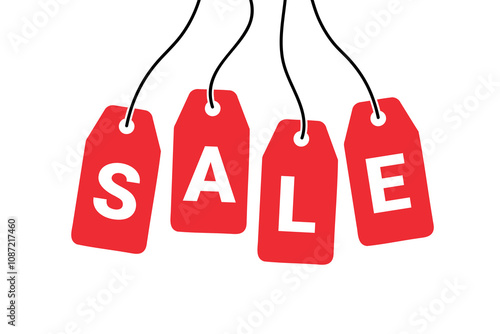SALE red label, bunch of price tag with white letters, vector illustration