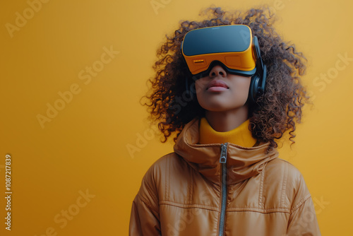 Young Black woman with curly hair uses a yellow virtual reality headset against yellow background with copy space
