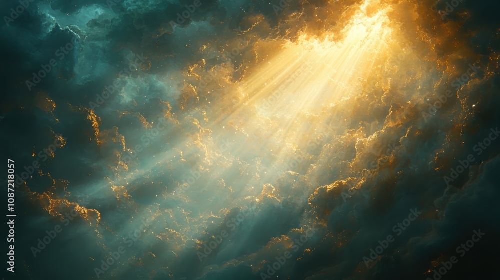 Fototapeta premium Dramatic storm system illuminated by divine light rays during golden hour nature's canvas atmospheric phenomenon