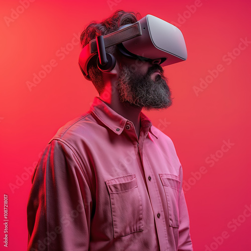 Man in pink shirt with VR headset against vibrant pink background with copy space