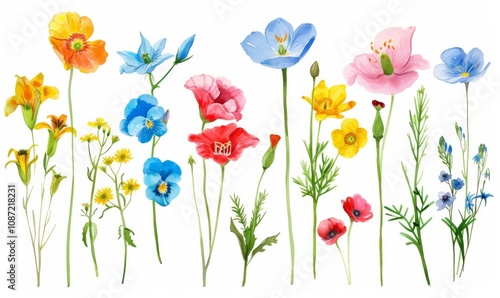 Collection of grunge oil painted summer flowers isolated on white background