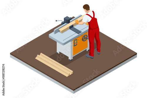 Isometric Milling machine. Professional carpenter cutting wood in the carpentry shop. Industrial machinery working. Electric machine tools for wood