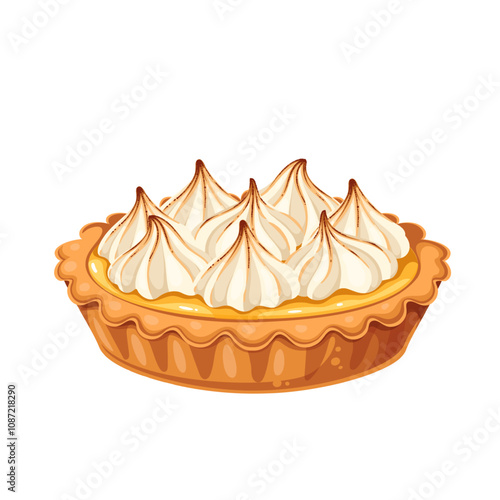 Lemon cream cartoon tartlet with meringue on top. Sweet small baked tart with yellow citrus curd. French bakery dessert, cuisine of France mascot, cartoon traditional lemon pie vector illustration