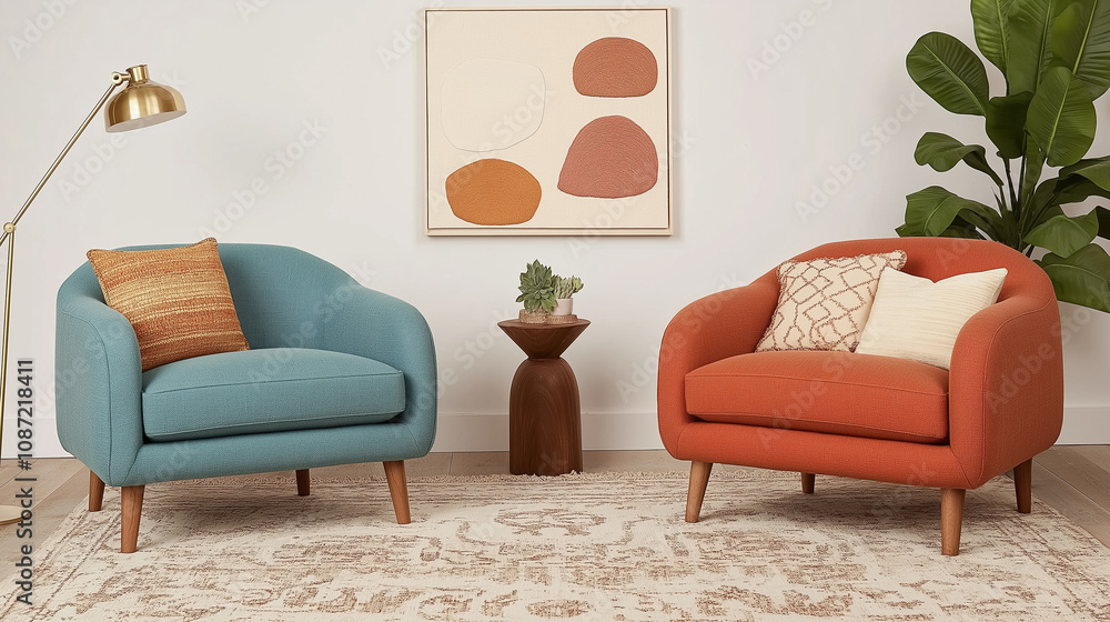 Fototapeta premium Stylish living room featuring a blue and orange armchair, abstract wall art, indoor plant, and modern decor accents in warm tones.