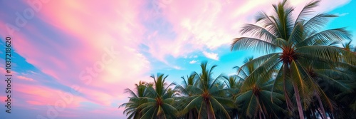 Numerous palm trees fill the lower portion of the frame, their fronds reaching towards a stunning sunset photo