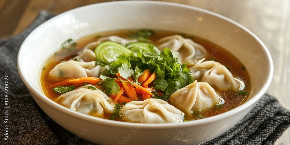 A bowl of Vietnamese soup featuring wonton dumplings along with an assortment of seasonal vegetables is presented. The soup includes both wontons and vegetables. A bowl of Vietnamese soup featuring wonton dumplings along with an assortment of seasonal vegetables is presented. The soup includes both wontons and vegetables.