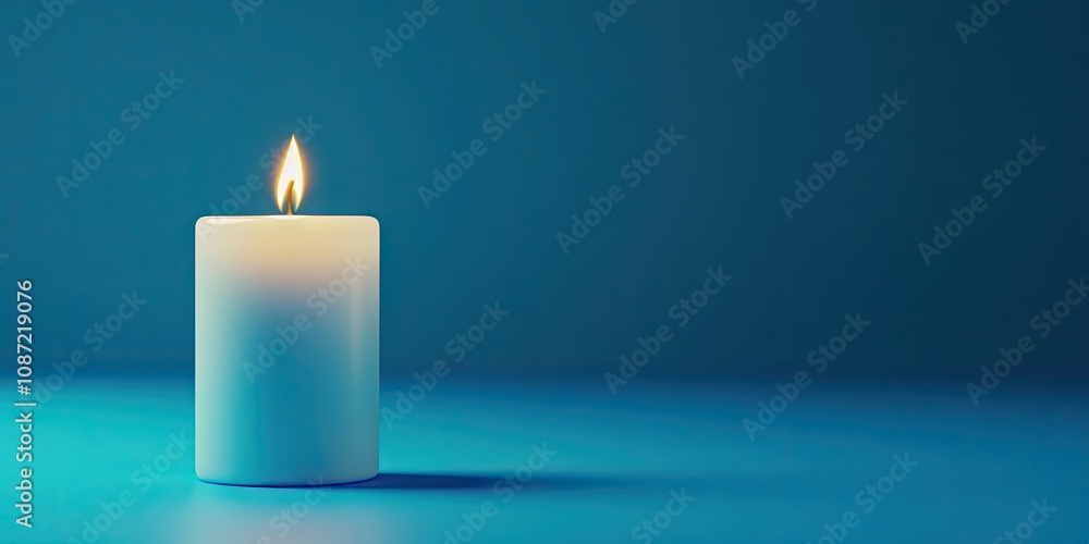 A candle is lit against a blue backdrop, providing an area where text can be added or displayed. The blue background offers a serene setting for the burning candle. A candle is lit against a blue backdrop, providing an area where text can be added or displayed. The blue background offers a serene setting for the burning candle.