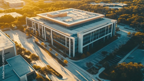 Professional drone photography presents a captivating birds eye view of a building, emphasizing its unique architecture and design. Ideal for projects requiring a striking visual perspective. photo