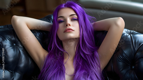 Young woman with vibrant purple hair and a confident expression lounging on a black leather sofa