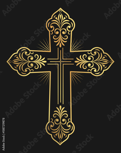 Christian cross decorated with classic plant elements. Religious symbol golden cross. Vector illustration