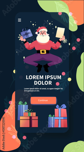 Santa Claus levitating gifts festive theme colorful design with presents and decorative elements dark background mobile app screen