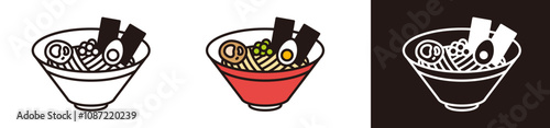ラーメンのアイコンイラスト。チャーシュー、煮玉子のトッピング。