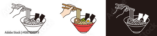 ラーメンのアイコンイラスト。箸で麺をつかんでいるシーン。