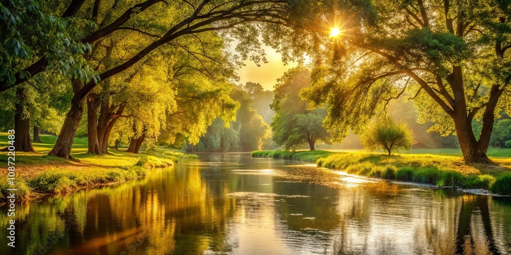 Golden Hour Serenity A Picturesque River Winding Through a Lush Green Canopy of Trees at Sunrise Golden Hour Serenity A Picturesque River Winding Through a Lush Green Canopy of Trees at Sunrise
