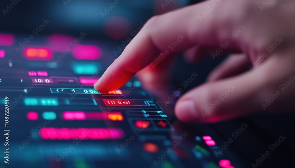 A close-up of a hand interacting with a colorful touchscreen interface, showcasing vibrant data and digital controls. A close-up of a hand interacting with a colorful touchscreen interface, showcasing vibrant data and digital controls.