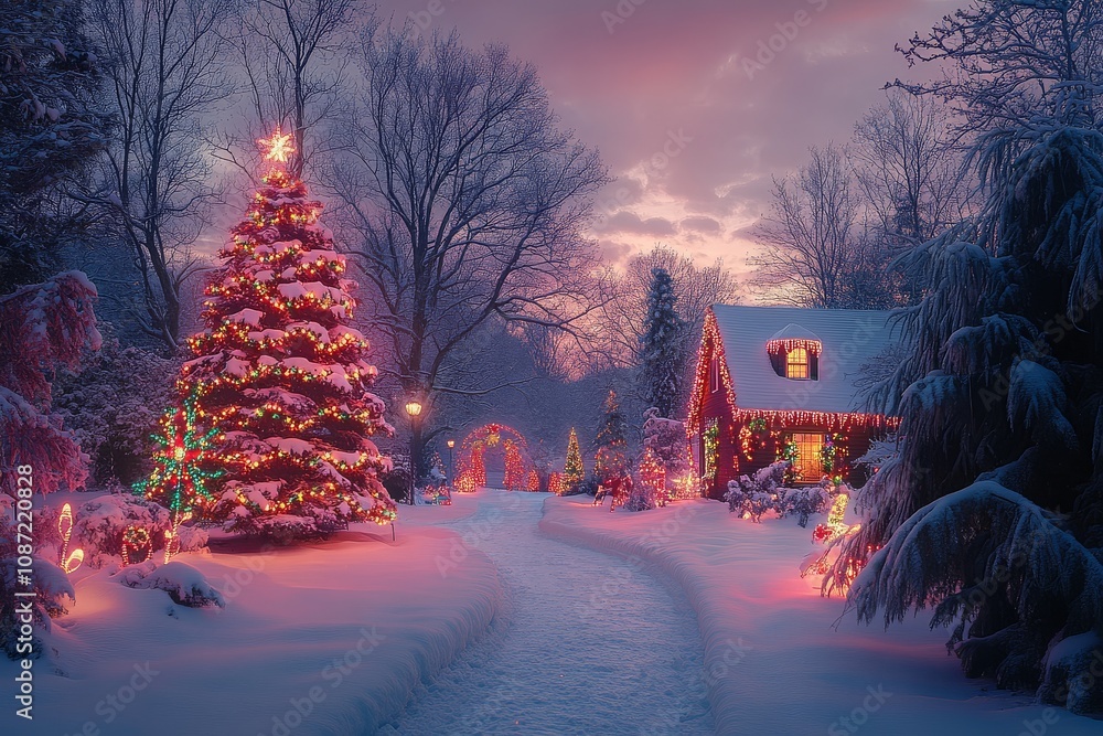 A magical Christmas lights display in the backyard, illuminating trees and decorations against a snowy landscape at night. A magical Christmas lights display in the backyard, illuminating trees and decorations against a snowy landscape at night.