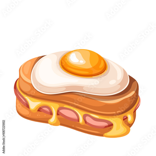 Croque Madame, cartoon hot sandwich. Two toast bread or baguette slices with ham, melted cheese and fried egg on top. French cuisine, fast food mascot, cartoon traditional sandwich vector illustration