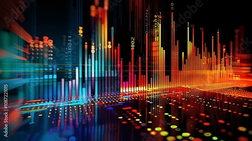 Captivating abstract digital landscape showcasing a visually striking data visualization and financial information in a dynamic neon infused and futuristic style